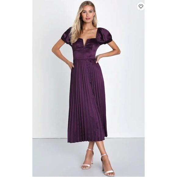 Lulus Dresses & Skirts - New! Lulus Flawless Forever Dark Purple Satin Pleated Midi Dress Sz Large #64